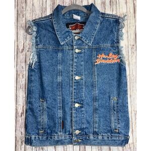 Harley Davidson Women's LARGE Denim Vest Blue Biker Embroidered Logo